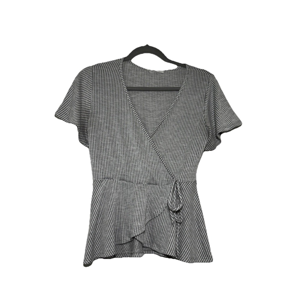 CAUTION TO THE WIND Top Womens Large Gray White Striped Ribbed Faux Wrap Peplum